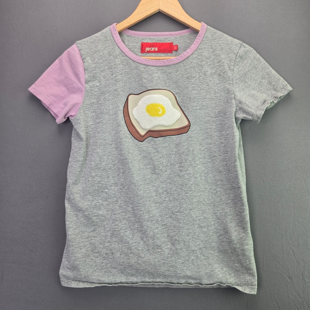 BT Jeans T-Shirt Fried Egg Toast Patch Sz 40 Grey Purple Ringer Kawaii Tee